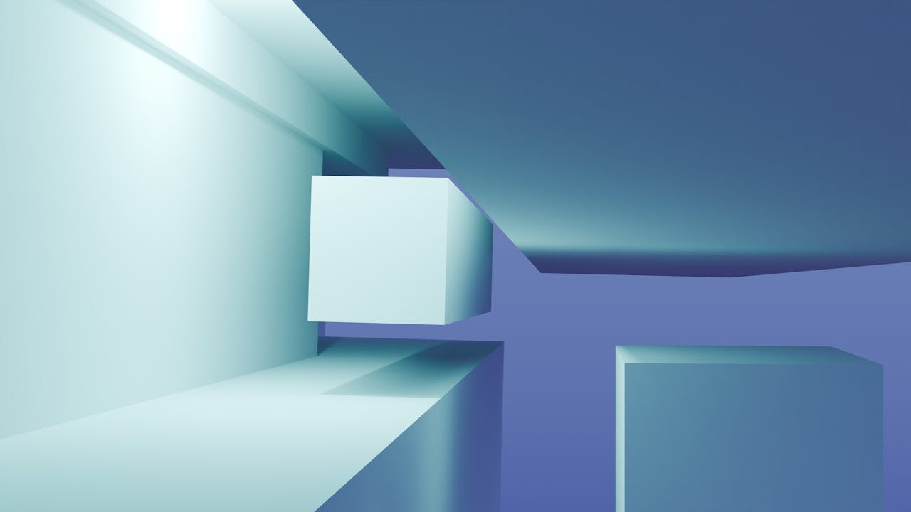 Modern abstract 3D render with floating geometric cubes in soft blue hues, perfect for backgrounds.