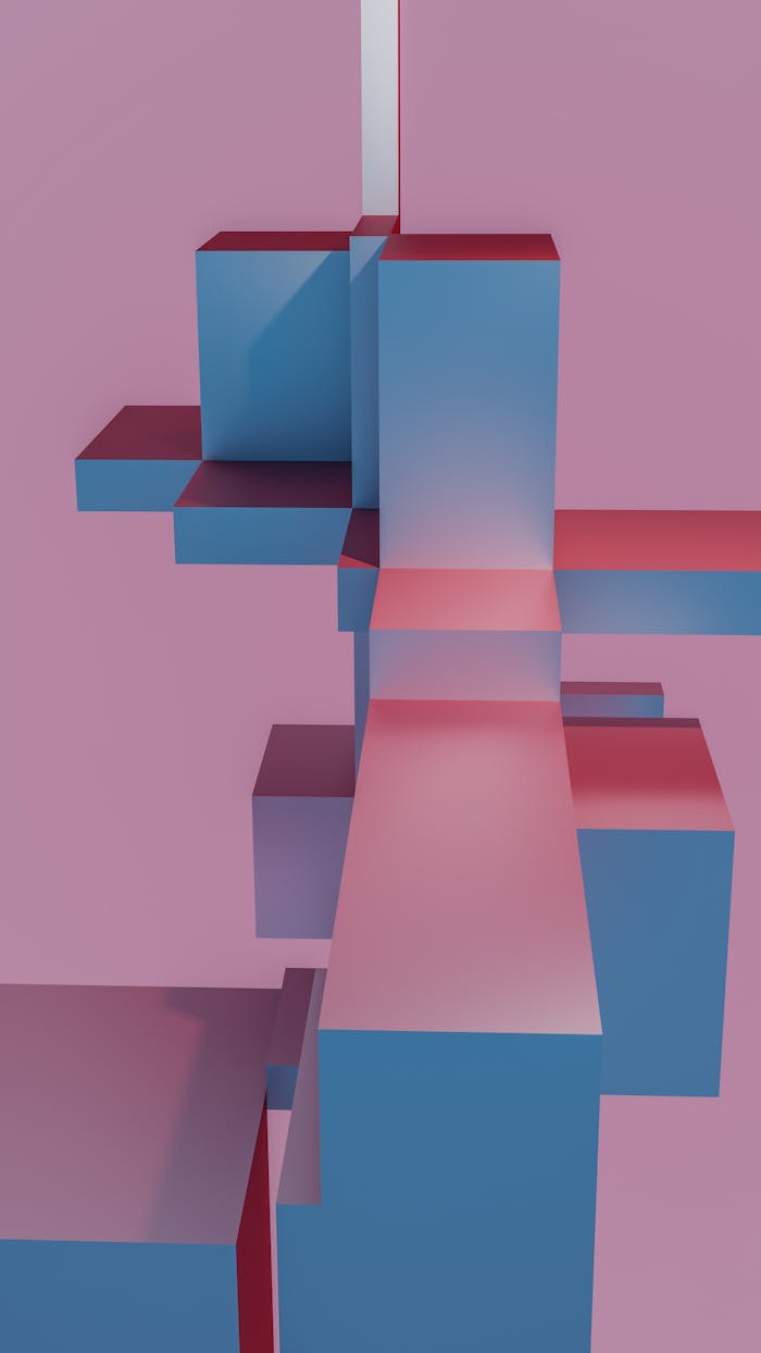 Dynamic 3D render of geometric shapes with pink and blue gradients creating an abstract art piece.